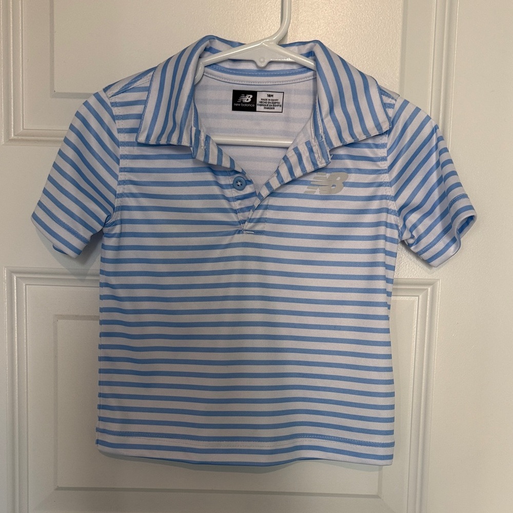 New Balance Kids Sky Blue and White Striped Polo